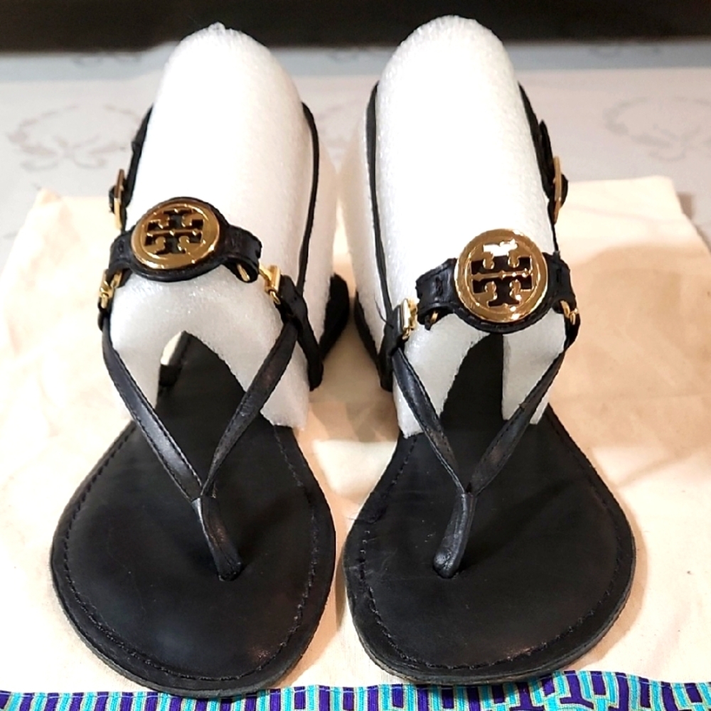 Tory Burch Black Sandals with Gold Accents